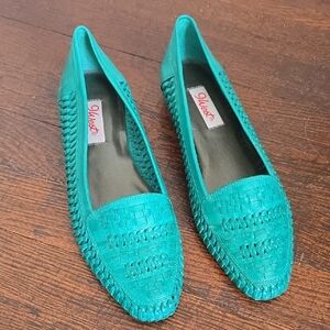 Womens Size 7 Flats Green Blue Leather Weave Like New Classic